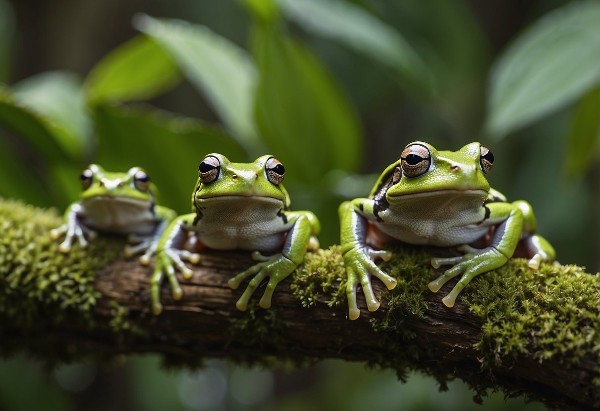 Several tree frog species in Florida. Green, gray, and squirrel tree frogs. Perched on branches and leaves in a lush, humid forest