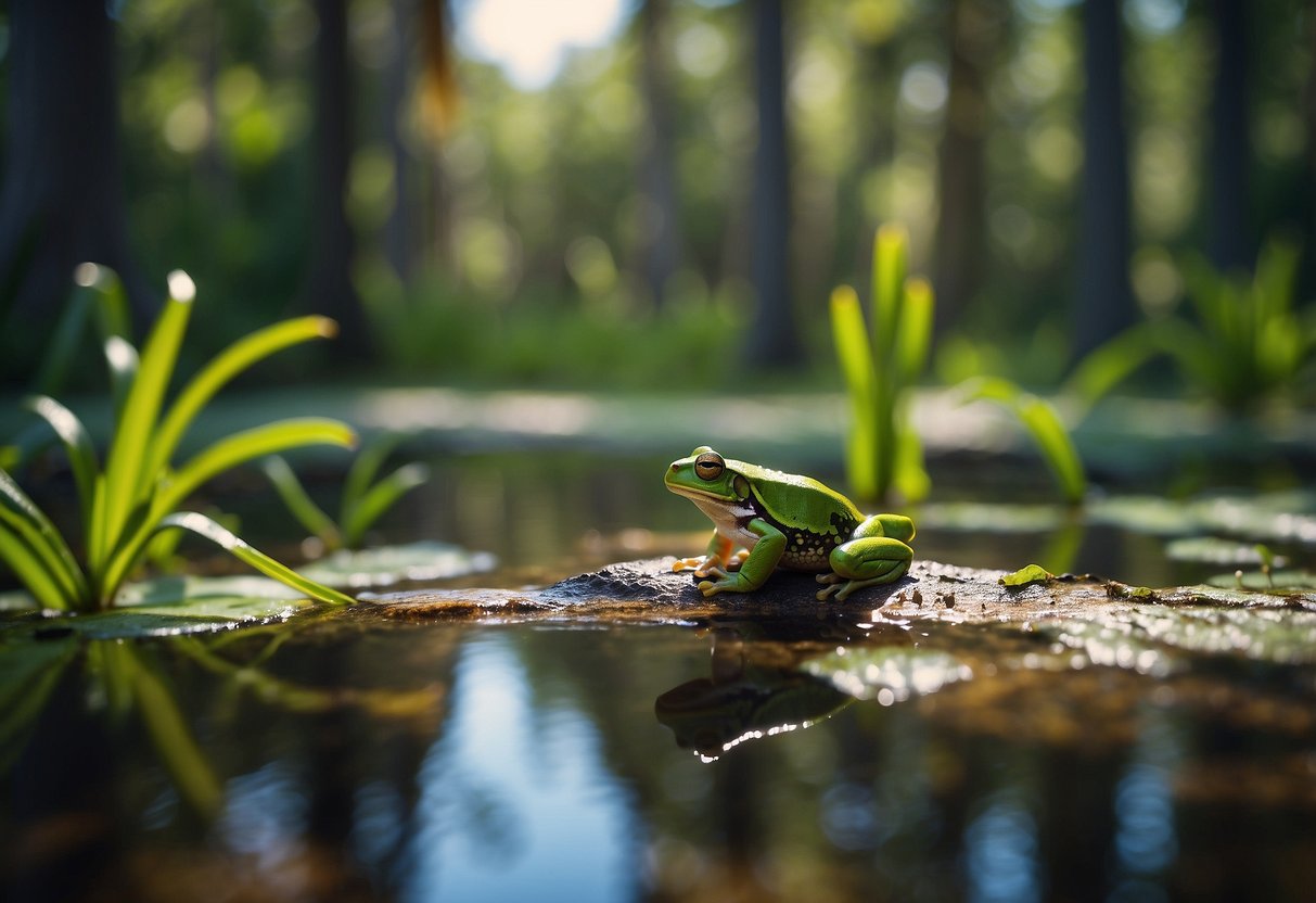 A lush Florida swamp with colorful tree frogs perched on various types of vegetation, showcasing the diverse habitats and ecosystems they inhabit