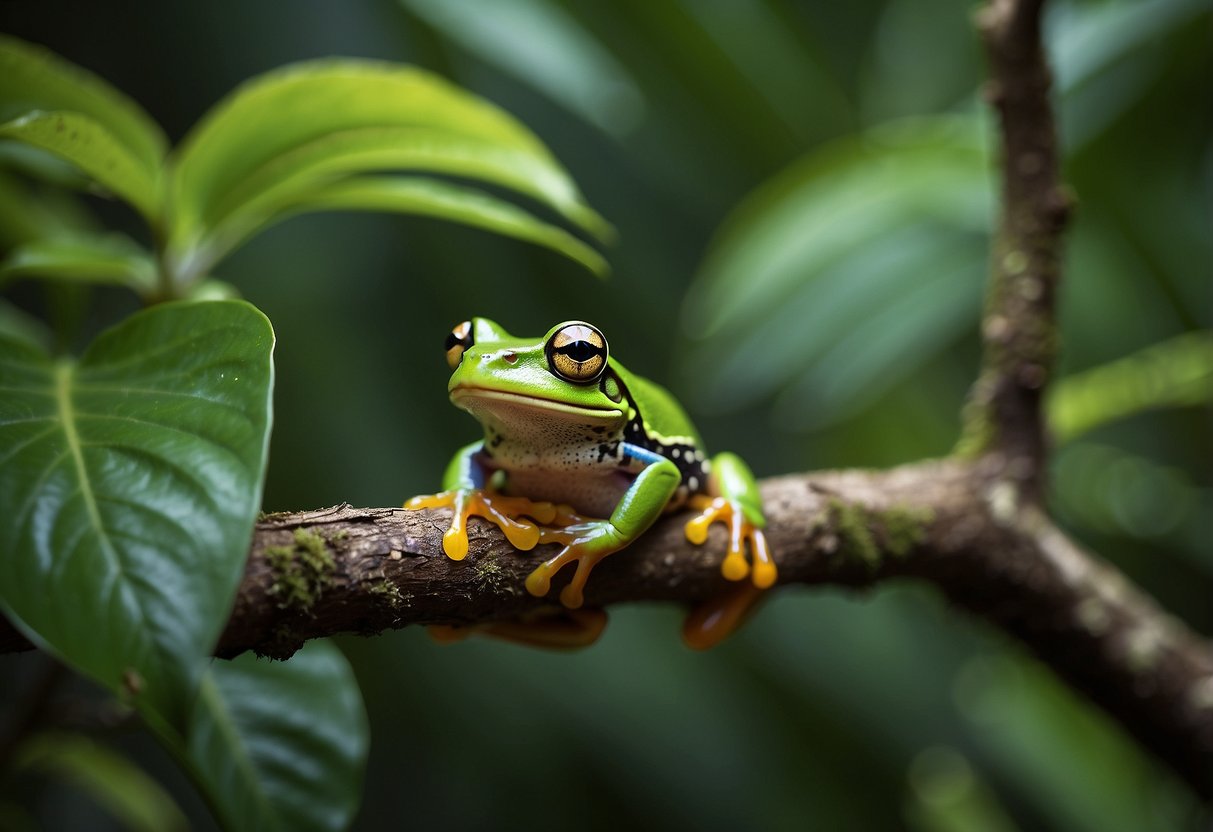 Bright green tree frog perched on a slim branch in a lush, tropical Florida forest