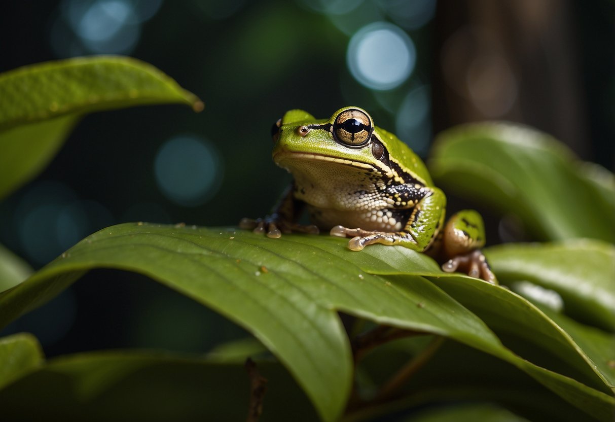 Tree frogs in Florida climb branches, leap between leaves, and hunt insects at night. They blend into their surroundings with their green and brown skin