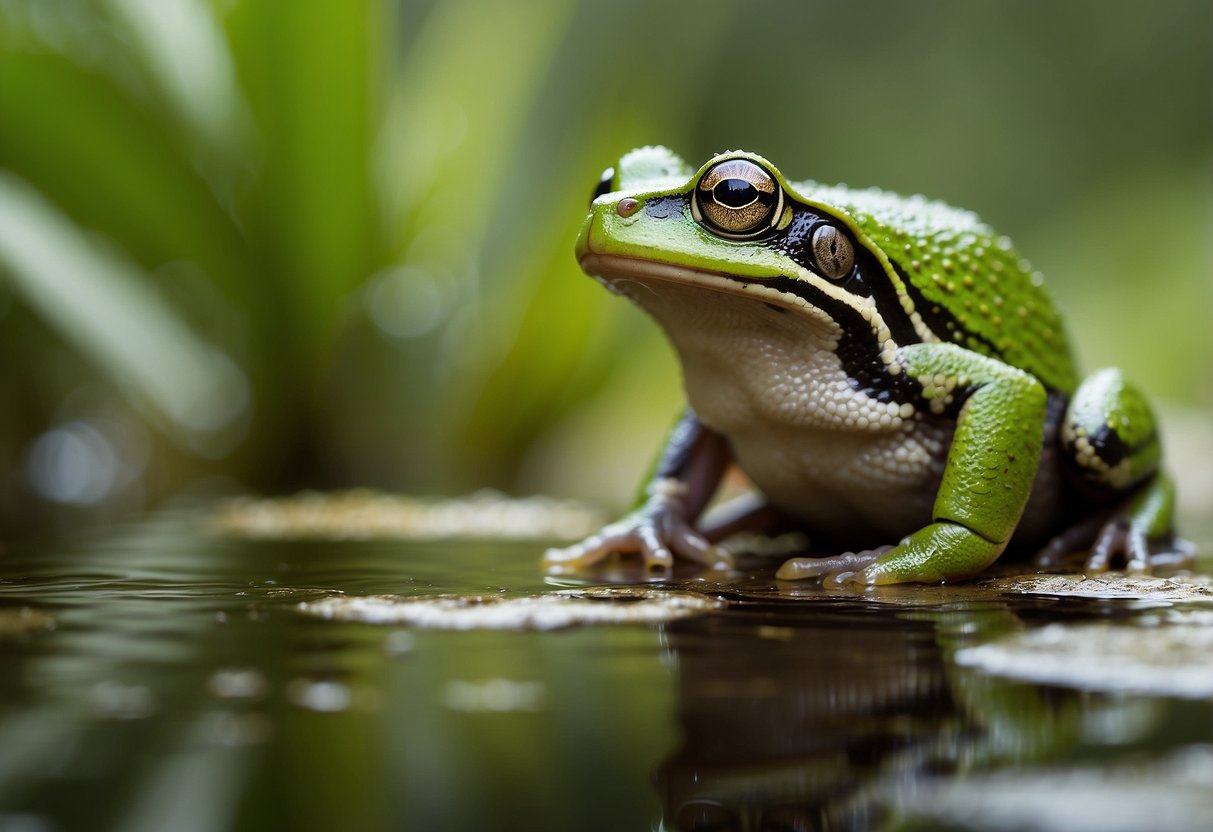 A lush Florida wetland with diverse tree frog species, some thriving in conservation areas while others face threats from habitat loss and pollution
