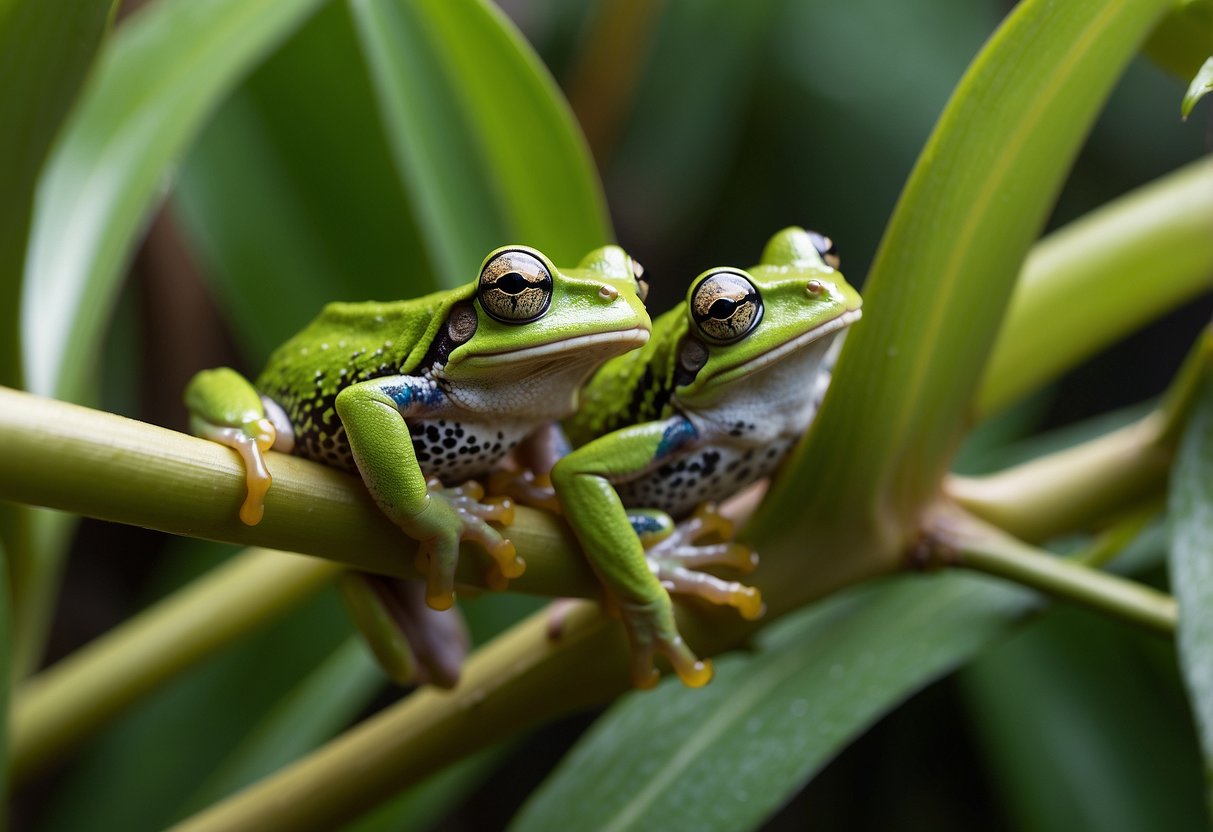 Tree frogs in Florida climb and leap among lush foliage, their vibrant colors contrasting with the greenery. They interact with each other, displaying their unique patterns and behaviors