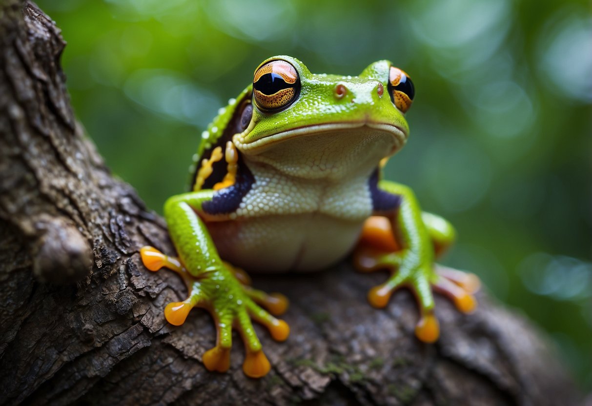 A variety of tree frogs in different colors and sizes perched on tree branches in a lush Florida forest