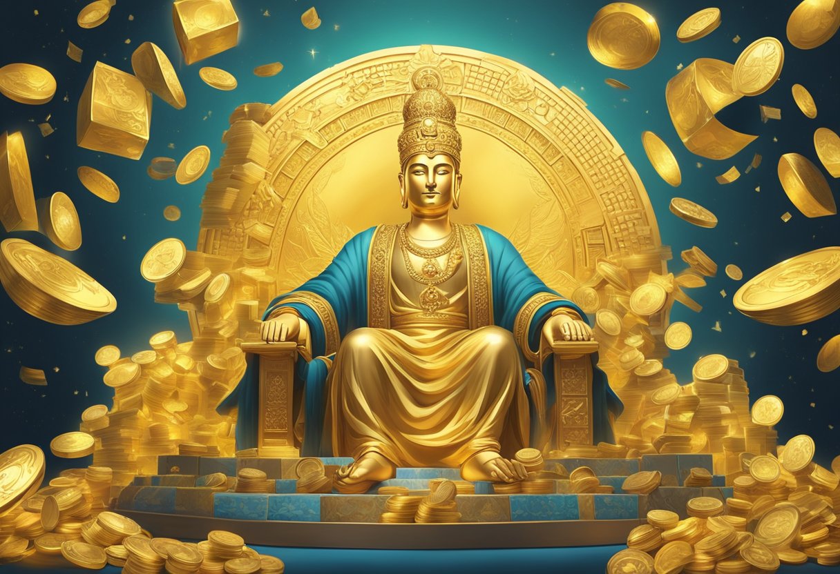 A golden figure surrounded by overflowing riches and symbols of success, radiating abundance and prosperity