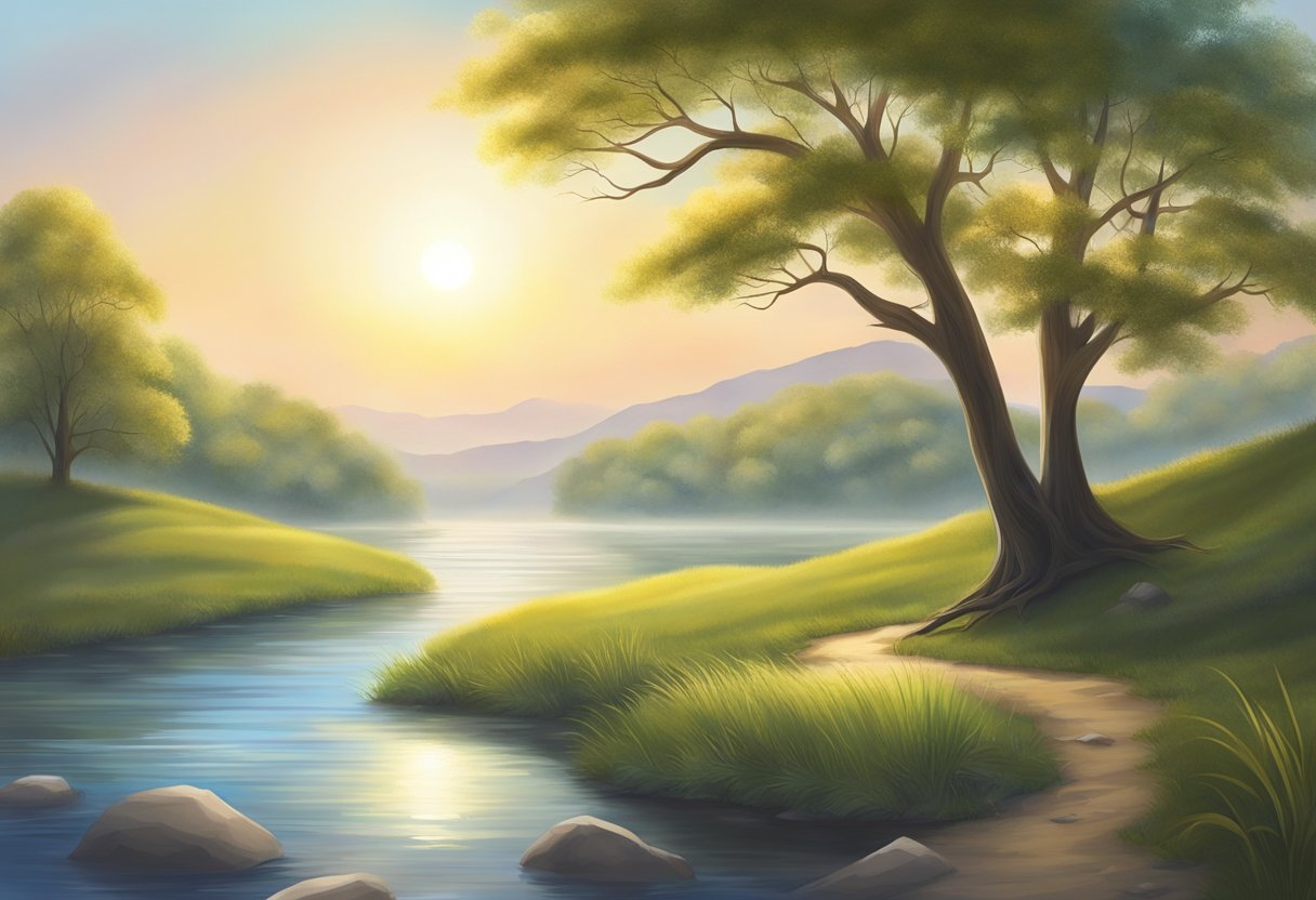 A serene landscape with a glowing sun, a calm river, and a lone tree standing tall, representing spiritual significance