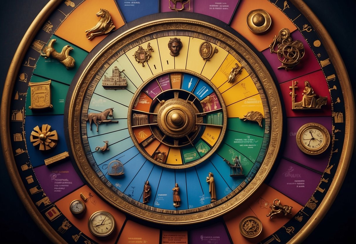 A colorful wheel with historical figures and theories in marketing, surrounded by relevant symbols and visual representations