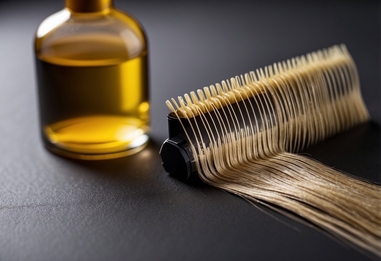 A close-up of sticky tape-in extensions on a scalp, with visible residue and signs of damage. A bottle of scalp treatment and a comb nearby