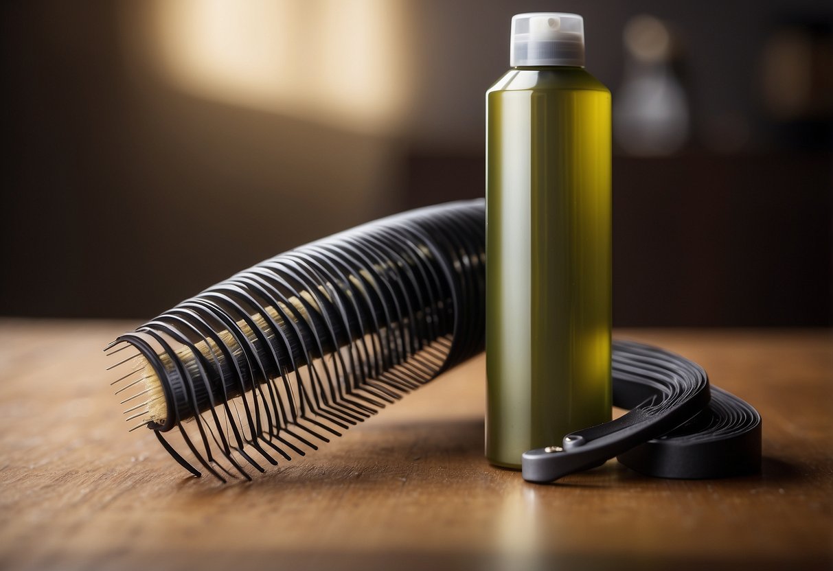 A roll of sticky tape-in hair extensions tangled in hair. A bottle of solution and a comb nearby for detangling