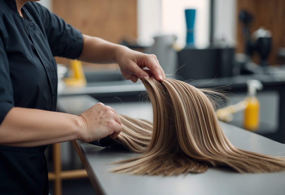 A table with tape-in hair extensions being cleaned and detangled. Sticky residue is visible on the extensions