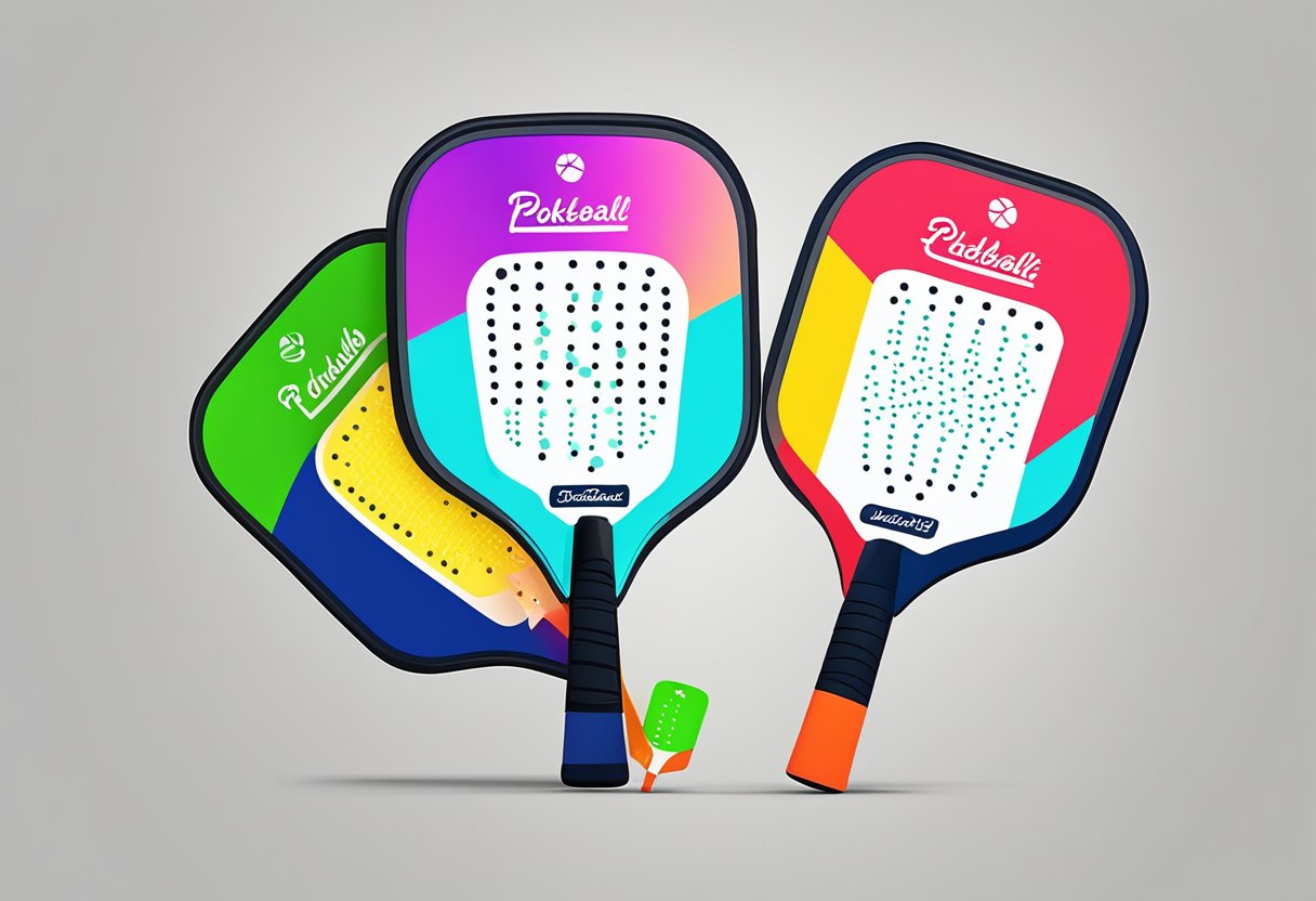 Three pickleball paddles displayed on a table with their names and features highlighted. Bright lighting and a clean, minimalist background