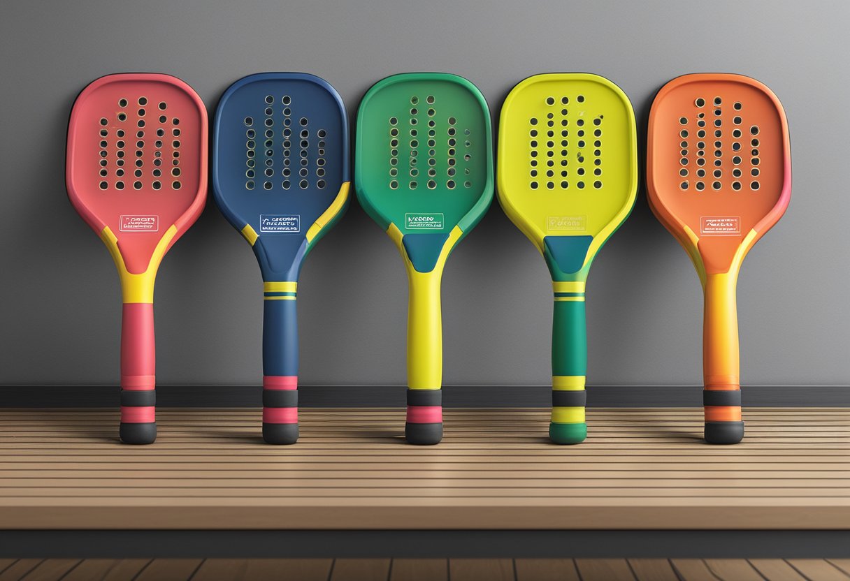 Three pickleball paddles displayed on a shelf by price range, with labels indicating "Best Pickleball Paddles"