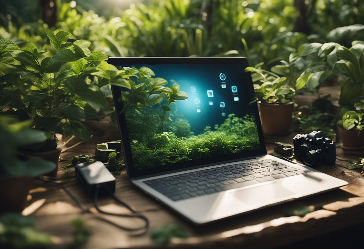 A serene natural setting with a person's electronic devices discarded and surrounded by calming elements like plants, water, and sunlight