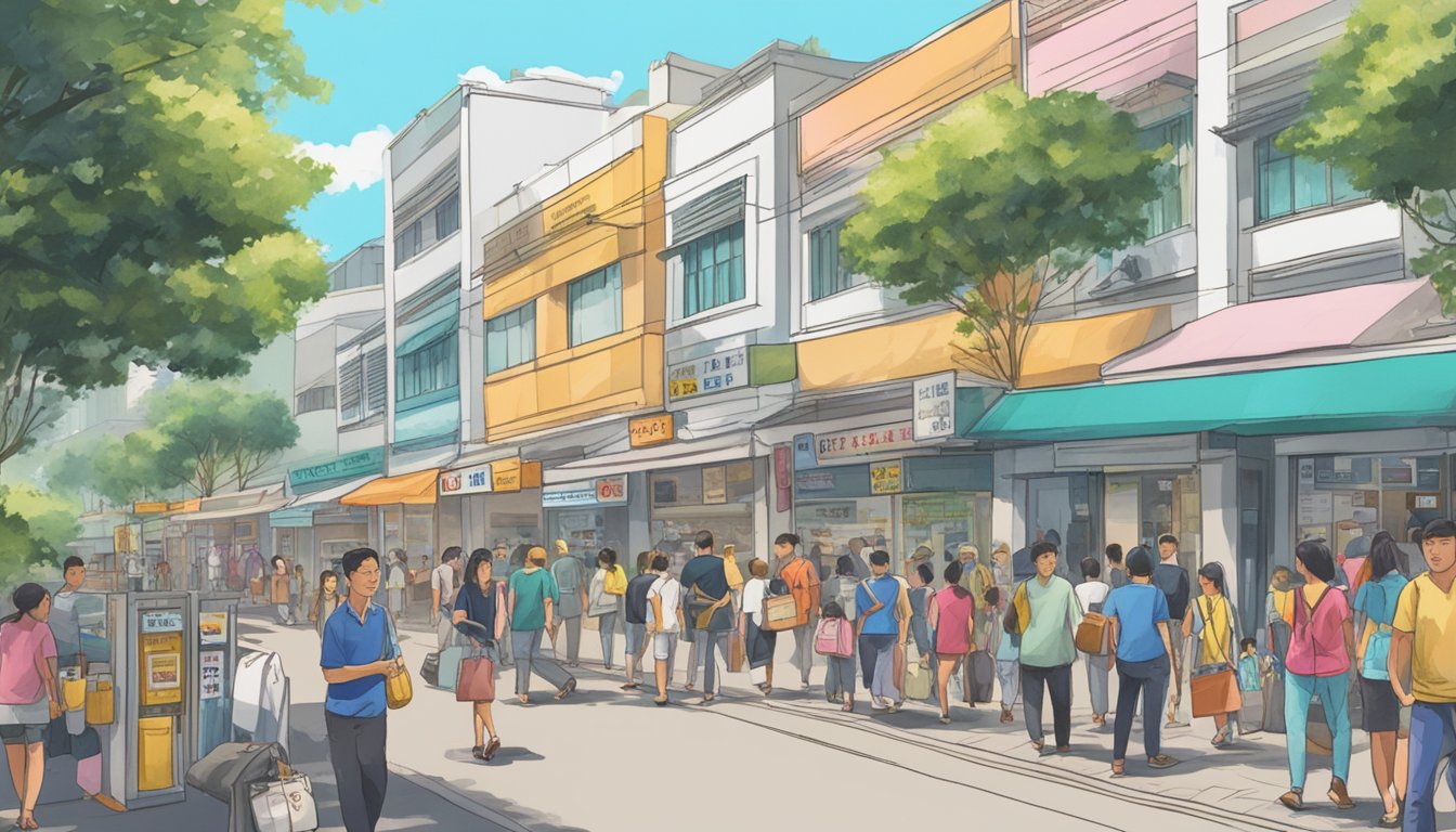A bustling street in Bedok Reservoir, Singapore, with a prominent sign reading "Best Licensed Money Lender." People are seen entering and exiting the establishment, while others are waiting in line. The surrounding area is filled with various shops and businesses,