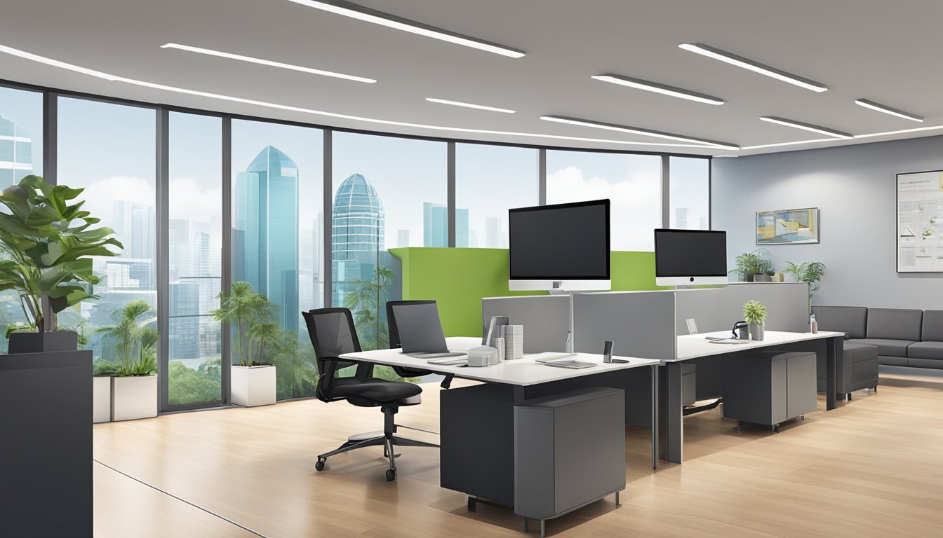 A modern office with a sleek and professional interior, featuring a prominent sign displaying "Best Licensed Money Lender in Promenade Singapore."