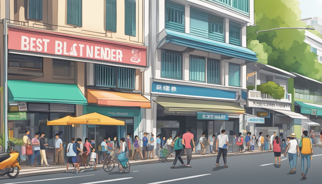 A bustling street in Nicoll Highway, Singapore, with a prominent sign for the "Best Licensed Money Lender" hanging above a storefront. Pedestrians and vehicles fill the busy thoroughfare