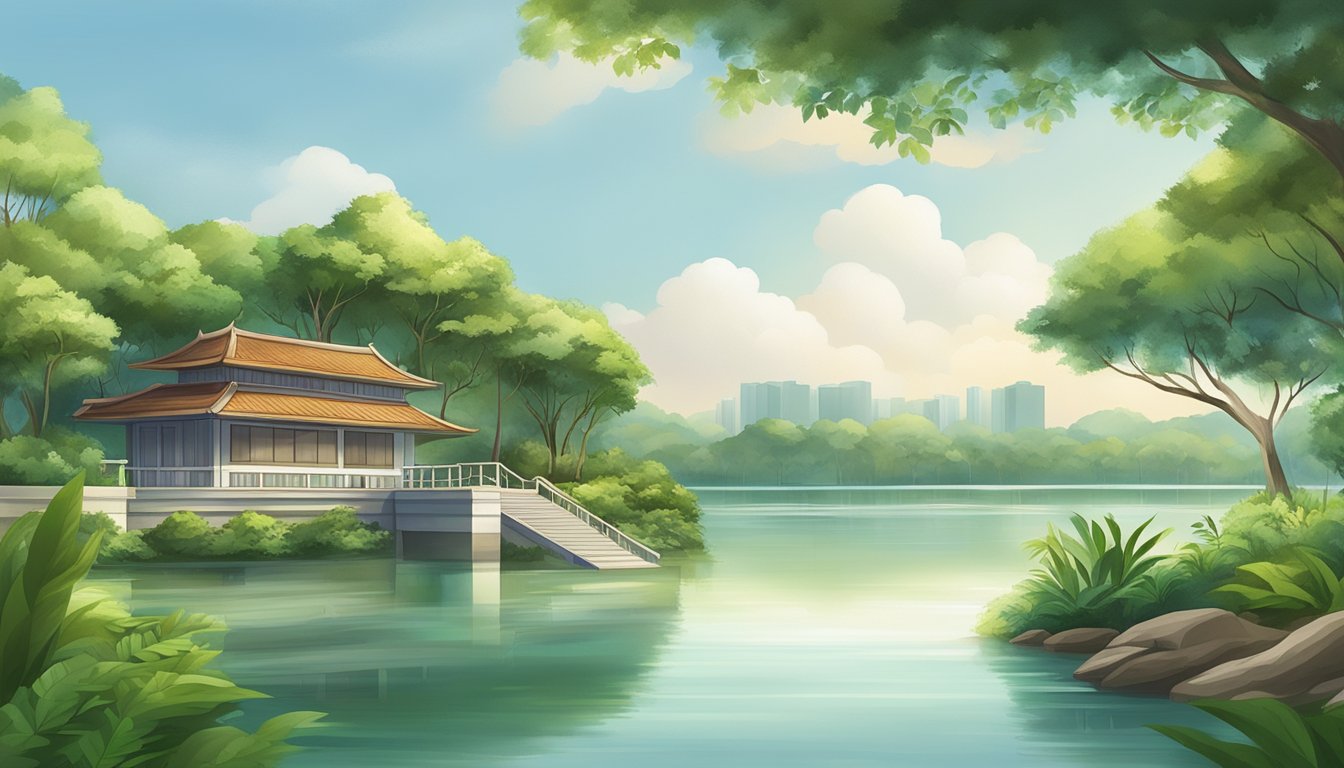 A serene Bedok Reservoir landscape with a licensed money lender's office nestled among lush greenery and a peaceful water body