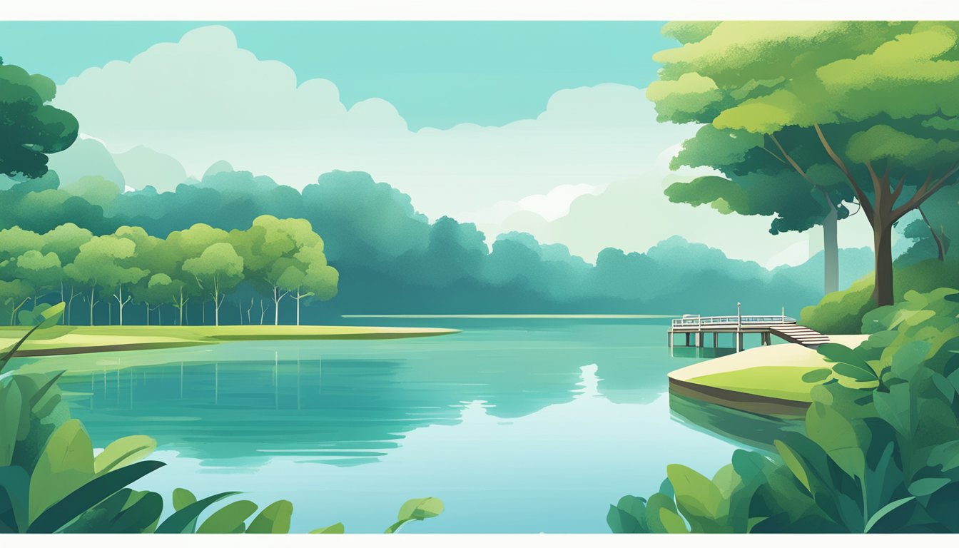 A serene lake surrounded by lush greenery, with a signpost indicating "Best Licensed Money Lender in Bedok Reservoir, Singapore." Clear blue skies and a sense of tranquility in the air