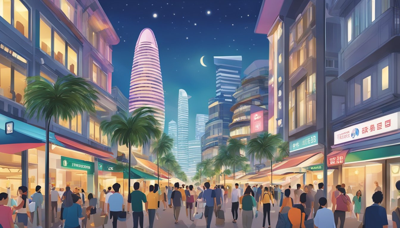 A bustling street in Promenade, Singapore with a prominent sign for a licensed money lender. Bright lights and busy foot traffic convey a sense of financial activity