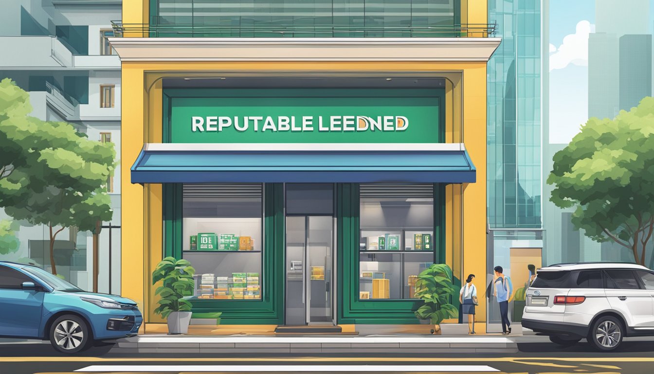 A storefront sign reads "Reputable Licensed Money Lender" in bold letters. The building is located in Promenade, Singapore, with a modern and professional exterior