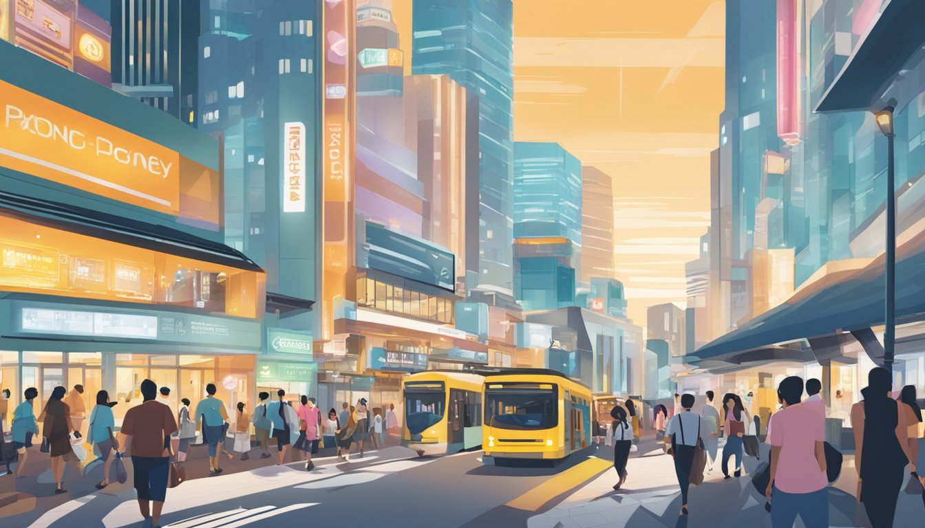 A bustling city street in Promenade, Singapore, with prominent signage for licensed money lenders. Bright lights and a steady flow of pedestrians capture the urban energy