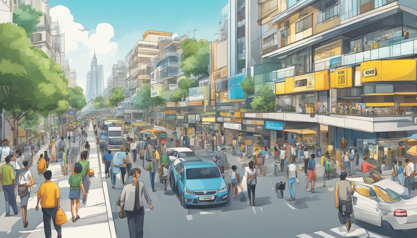 A bustling street in Nicoll Highway with a prominent sign for the best licensed money lender. Pedestrians and traffic fill the area