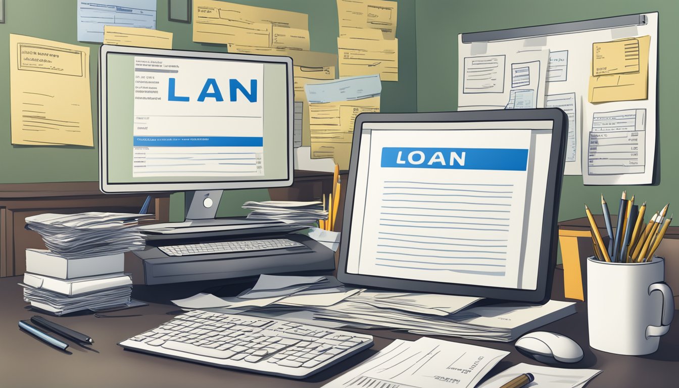 An office desk cluttered with loan documents, a computer displaying loan terms, and a sign with the licensed money lender's name and registration number