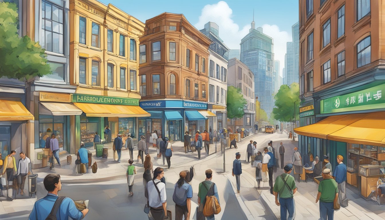 A bustling street near HarbourFront with prominent signage for licensed money lending services. Surrounding buildings and people in the background
