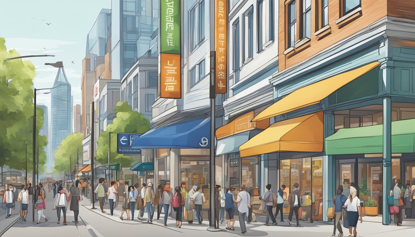 A bustling street near HarbourFront with a prominent sign for the best licensed money lender. Bright and modern storefronts line the busy road, with people coming and going