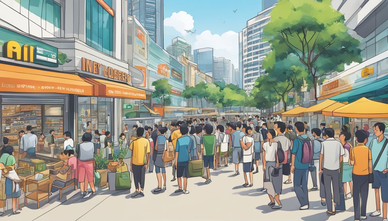 A bustling street in HarbourFront, Singapore, with prominent signage for licensed money lenders. People line up outside, while others consult with staff inside. The area is surrounded by commercial buildings and bustling with activity