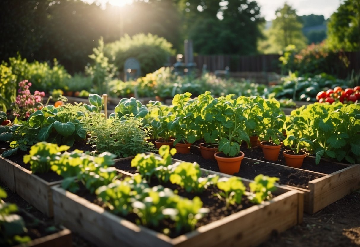 A lush, organized vegetable garden with raised beds, trellises, and colorful plant markers. A mix of leafy greens, vibrant tomatoes, and climbing beans create a visually appealing and productive space