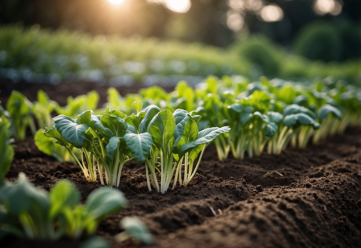 Lush garden with rows of various vegetables at different stages of growth, showcasing the concept of succession planting