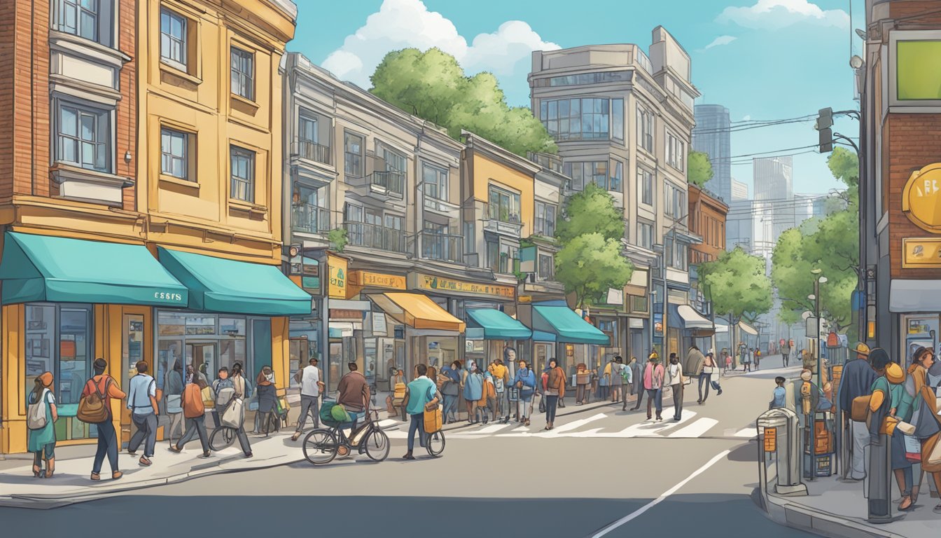 A bustling street near HarbourFront, with a prominent sign for a licensed money lender. People coming and going, some stopping to read the FAQs