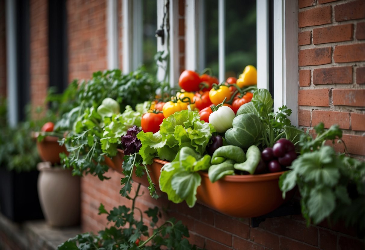 A window box overflows with vibrant vegetables, including tomatoes, peppers, and lettuce. The garden is filled with a variety of colors and textures, creating a lush and inviting display