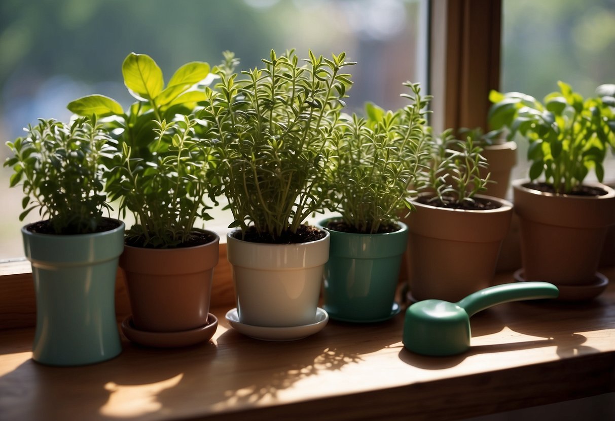 A sunny window sill with pots of basil, rosemary, and thyme. A small table holds gardening tools and watering can