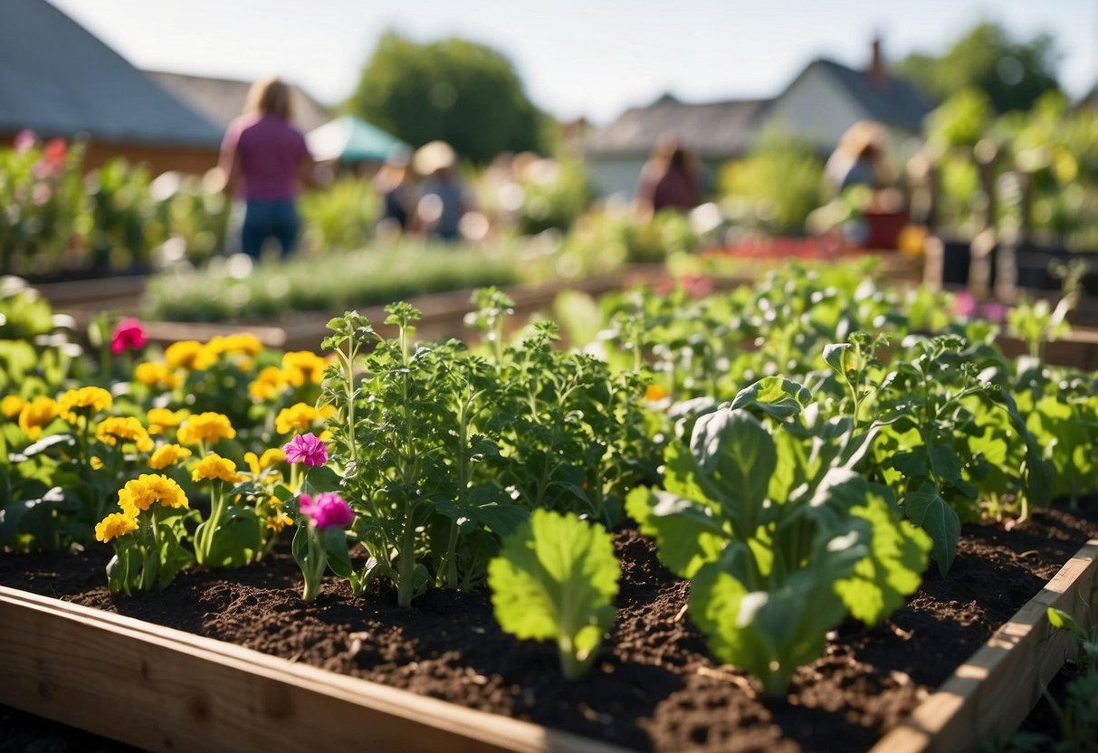 A vibrant community garden with 20 unique vegetable plots. Each bed is bursting with a variety of colorful and healthy plants, creating a beautiful and diverse landscape