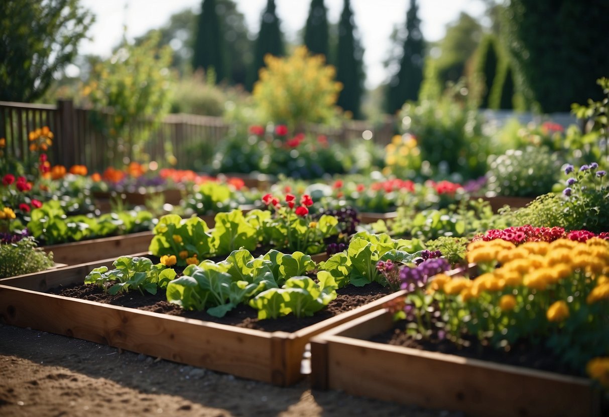 A lush garden bursting with vibrant vegetables, neatly arranged in raised beds and trellises, surrounded by colorful flowers and winding pathways