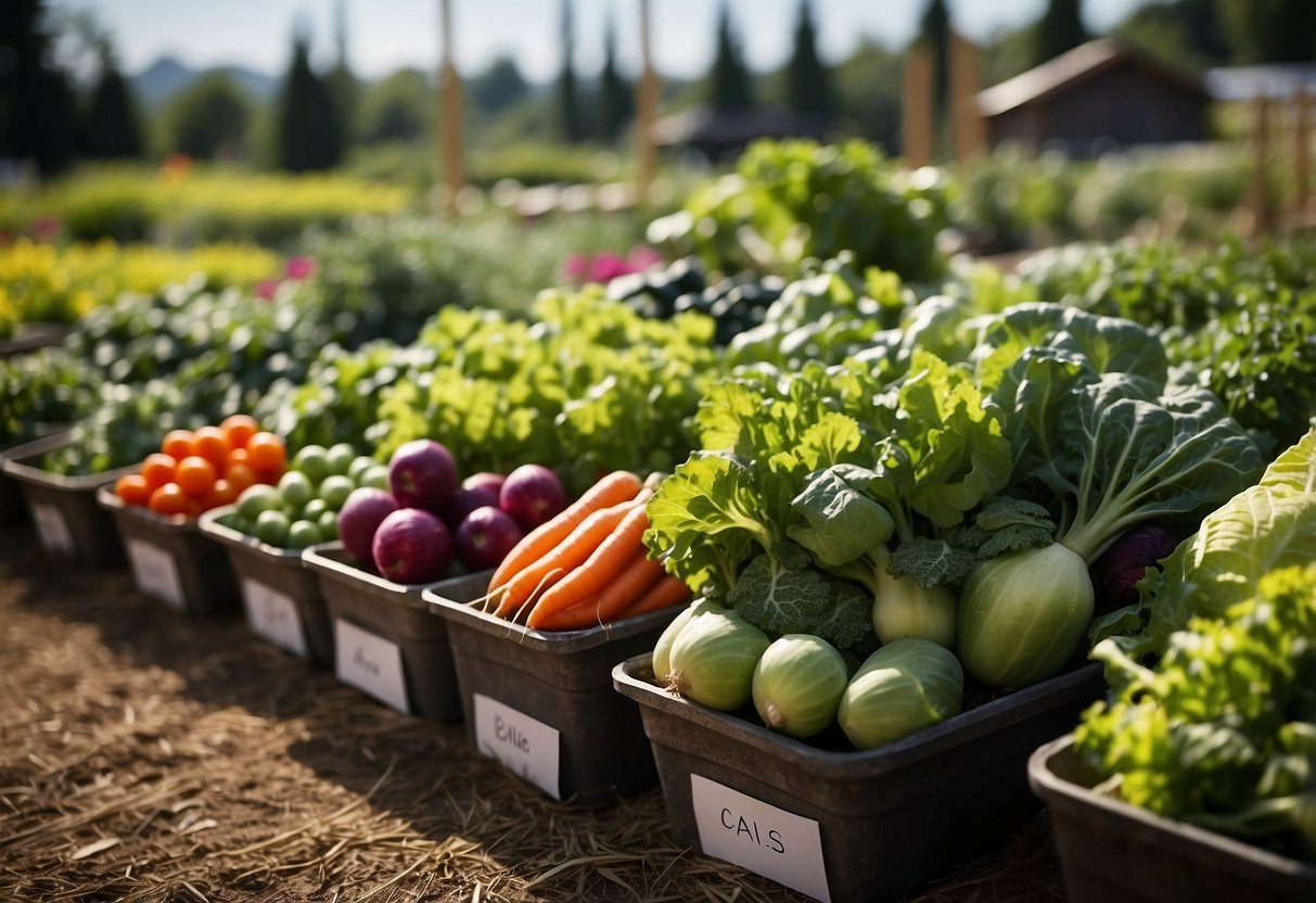 A variety of vegetables arranged in neat rows, with colorful signs labeling each type. Surrounding the garden are trellises for climbing plants and a small shed for tools