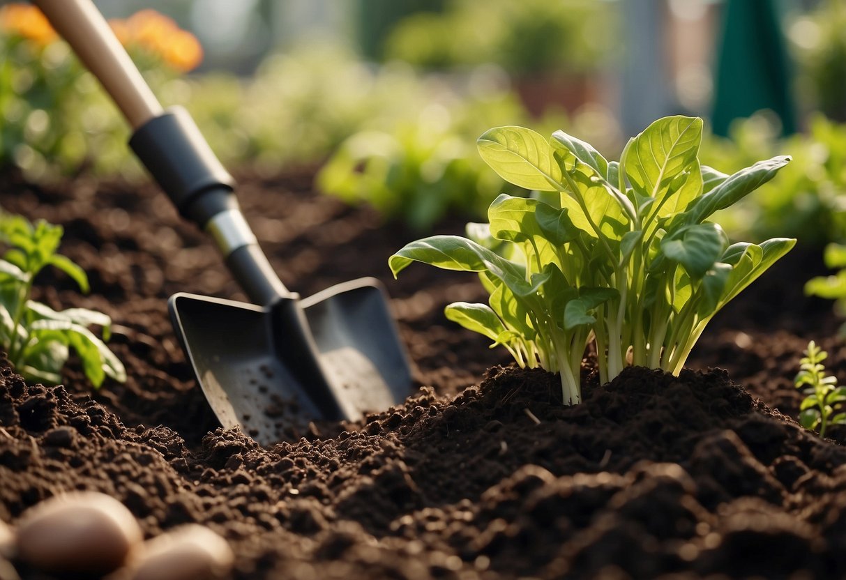 Rich soil being turned with a shovel, compost pile nearby, surrounded by various vegetable plants and gardening tools