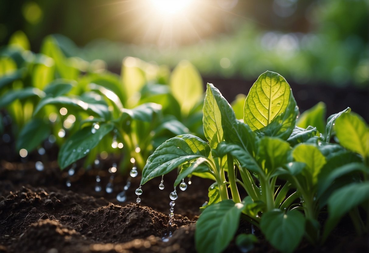 Lush vegetable garden with drip irrigation system, water droplets glistening on leaves, and vibrant green plants thriving in the sun