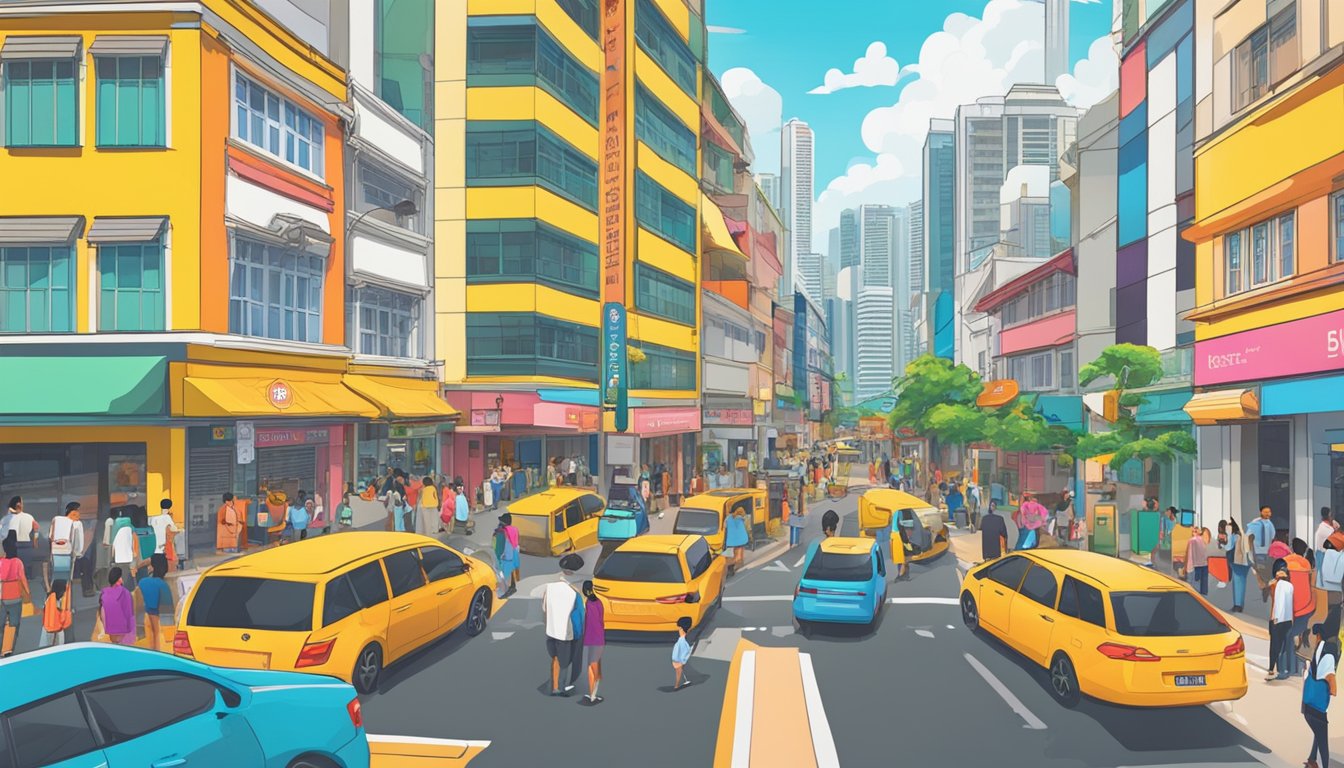 A bustling street in Outram Park, Singapore, with a prominent sign reading "Best Licensed Money Lender." Bright colors and busy foot traffic