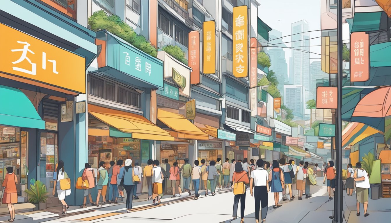 A bustling street in Outram Park, with a prominent sign for the Best Licensed Money Lender. Colorful storefronts and diverse pedestrians add to the lively atmosphere