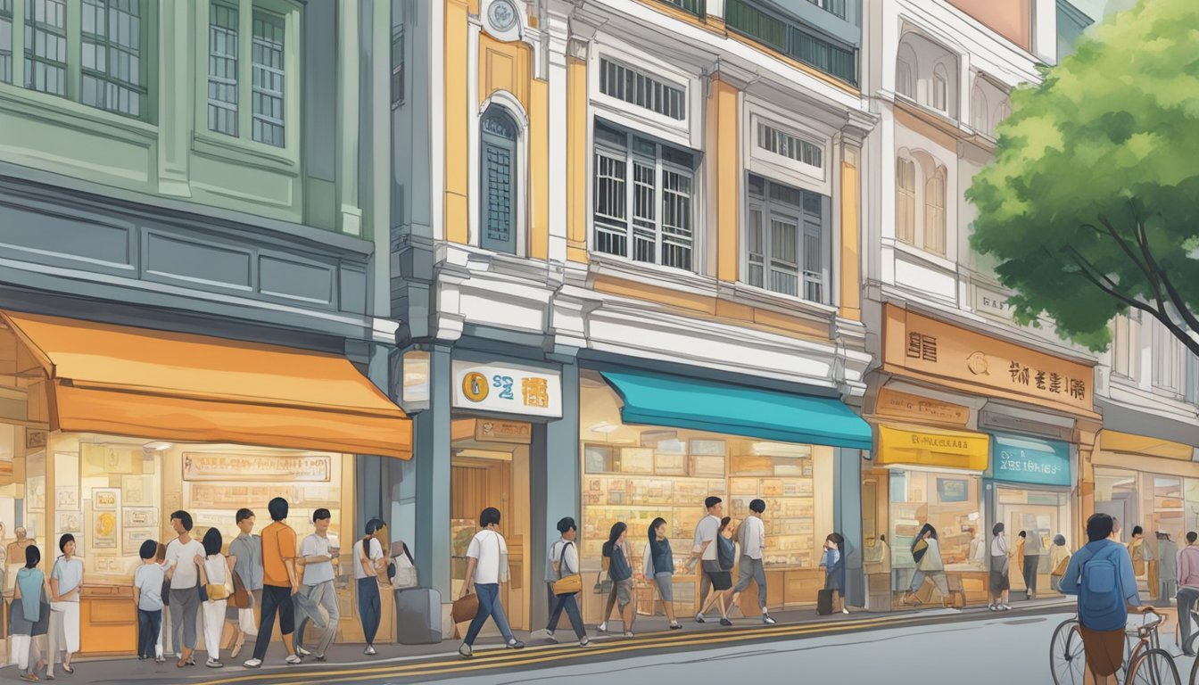 A bustling street in Outram Park, Singapore. A sign for a licensed money lender stands out among the shops and businesses. People walk by, some pausing to read the sign