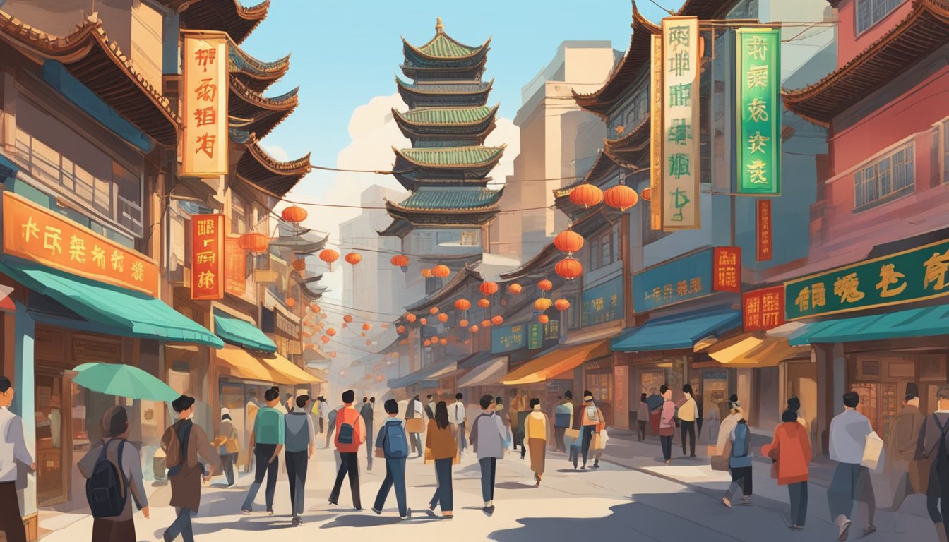 A bustling Chinatown street with colorful storefronts and a prominent sign reading "Best Licensed Money Lender." Busy foot traffic and traditional Chinese architecture