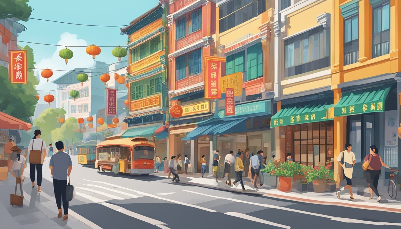 A bustling street in Chinatown, with colorful storefronts and traditional architecture. A sign reads "Best Licensed Money Lender in Chinatown Singapore." Pedestrians walk by, some stopping to peer at the sign