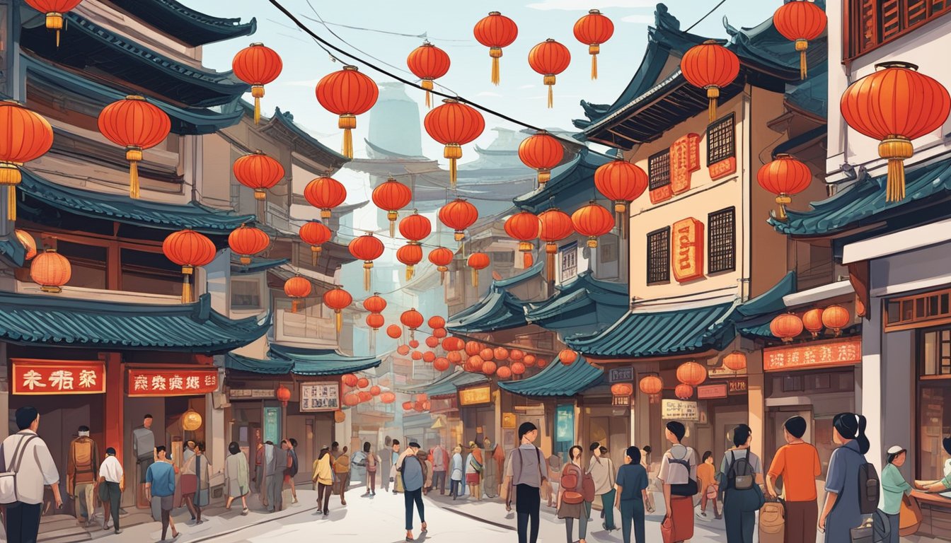 A bustling Chinatown street lined with traditional shophouses, adorned with vibrant red lanterns and bustling with locals and tourists. A sign proudly displays "Reputable Licensed Money Lender" in bold, welcoming characters
