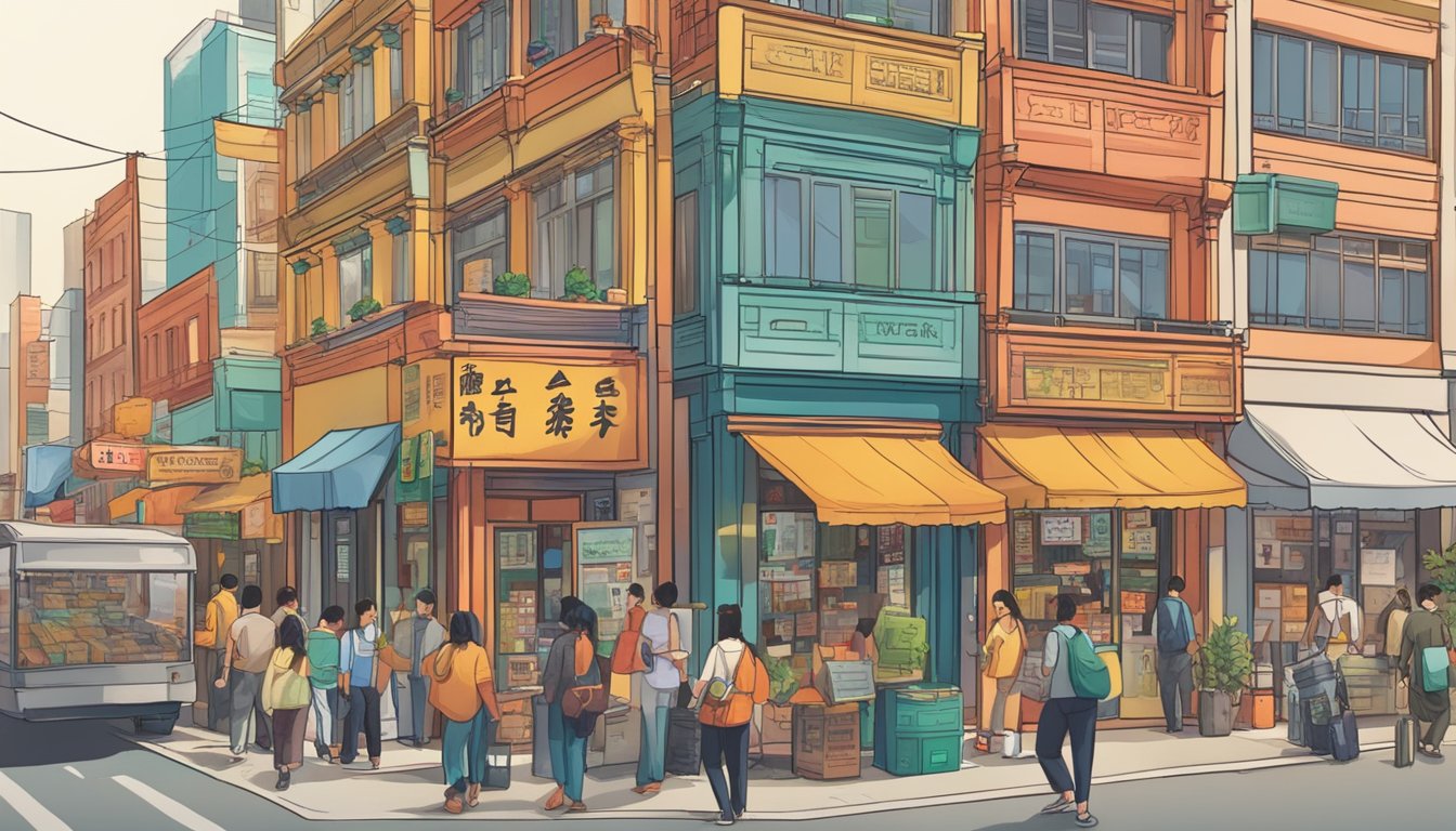 A bustling Chinatown street with vibrant storefronts, showcasing licensed money lenders. People pass by, reading signs and comparing options