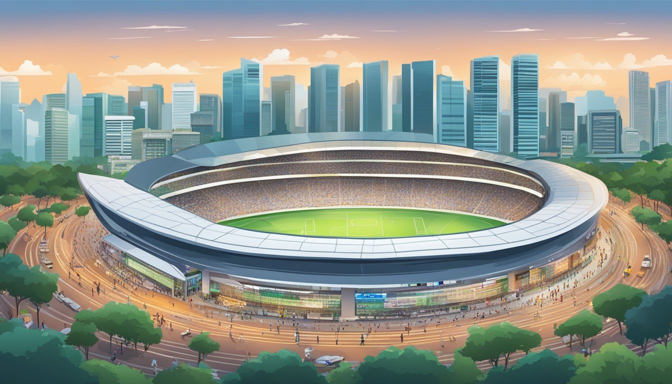 A bustling stadium in Singapore, with a prominent sign for the best licensed money lender nearby. Crowds and activity suggest a lively atmosphere