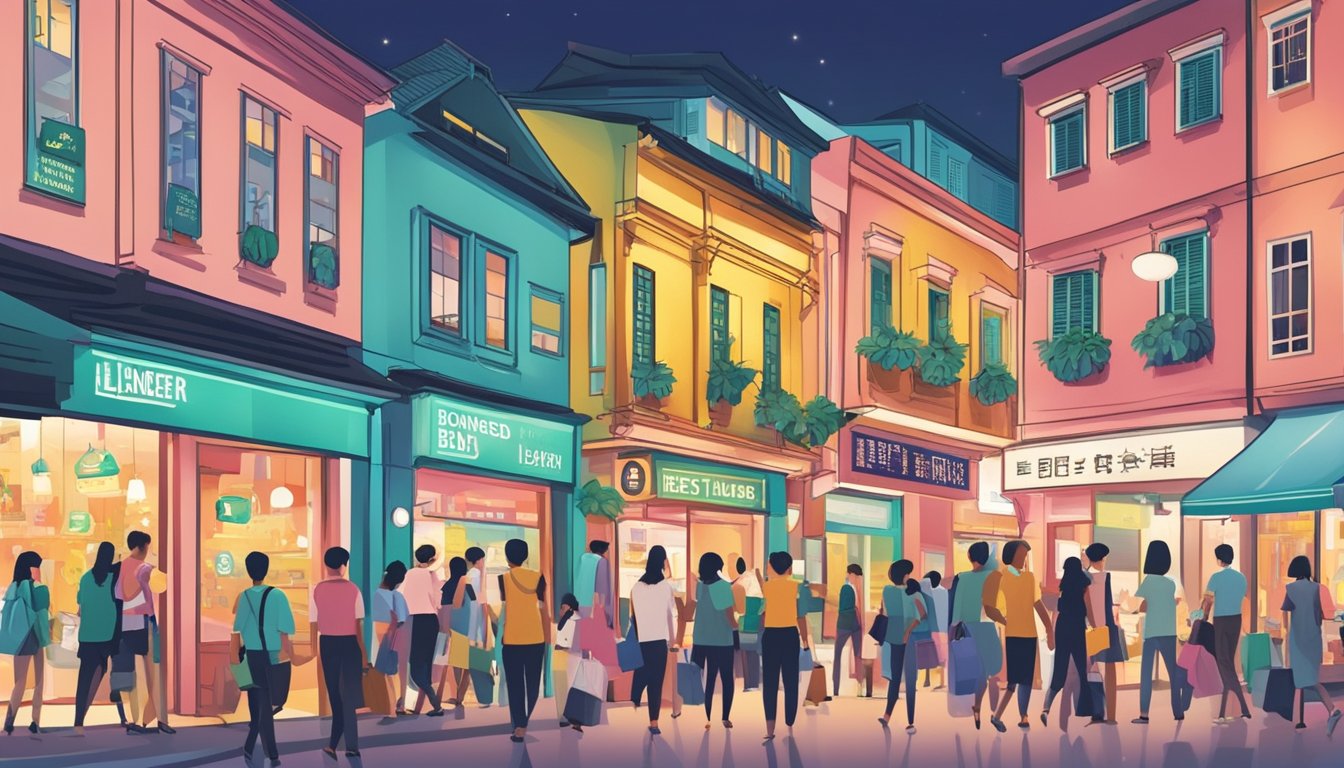 A bustling street in Clarke Quay, Singapore, with a prominent sign reading "Best Licensed Money Lender." Bright lights and colorful storefronts line the busy thoroughfare, while people go about their business