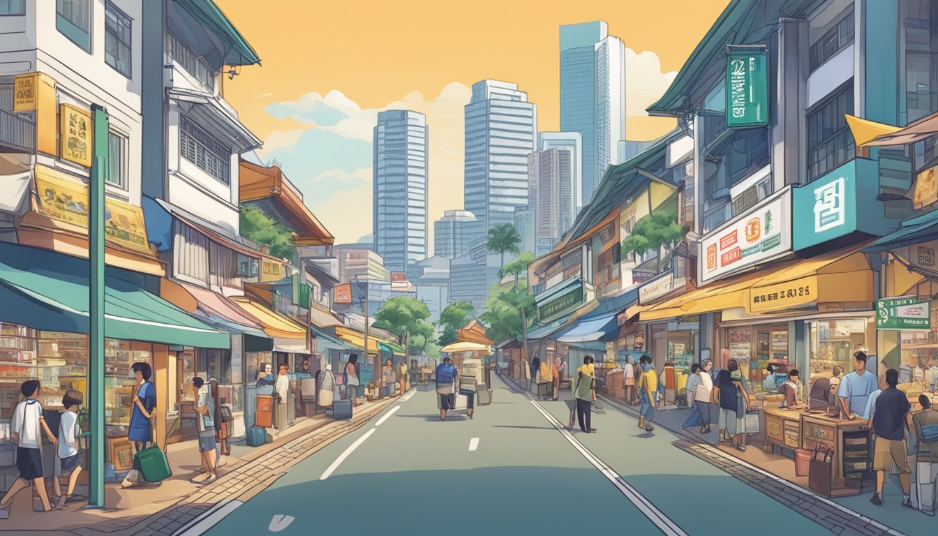 A bustling street near Mountbatten, Singapore, with a prominent sign for the "Best Licensed Money Lender" in bold letters. Surrounded by diverse shops and people