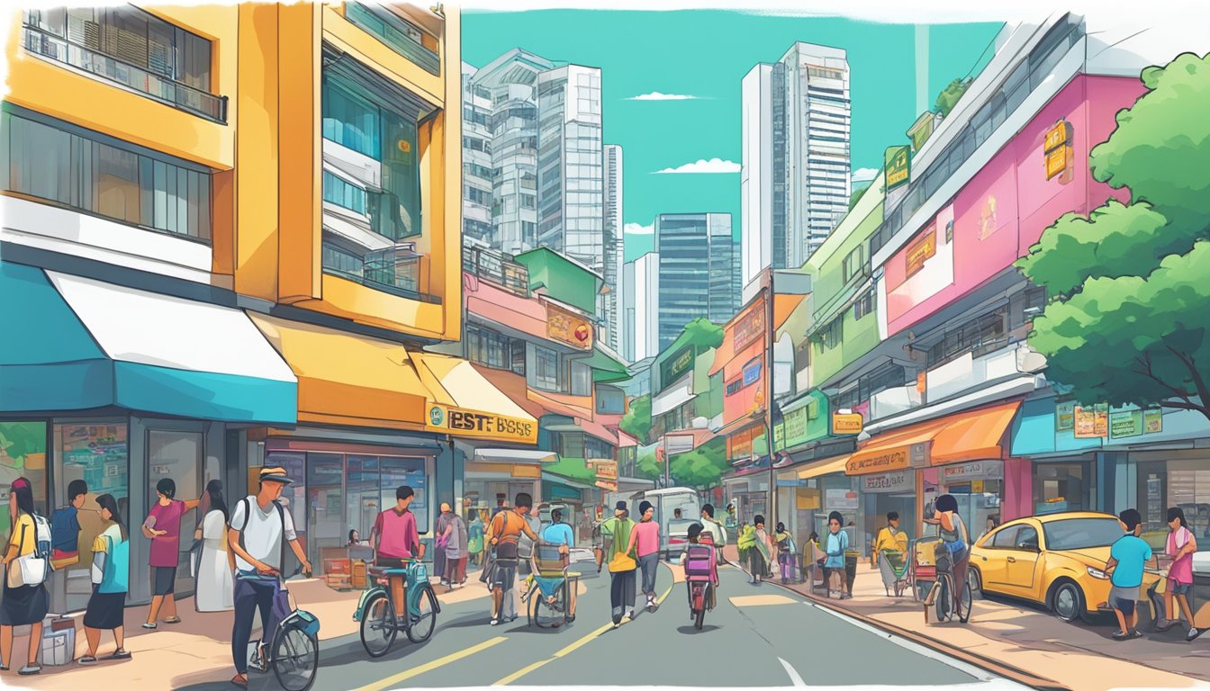 A bustling street in Paya Lebar, Singapore, with a prominent sign reading "Best Licensed Money Lender." Bright colors and busy storefronts line the road, capturing the energetic atmosphere of the area